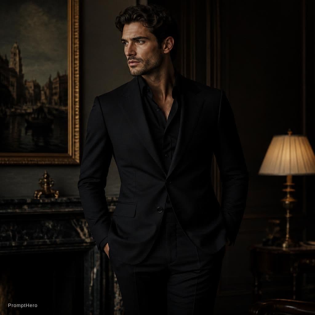 AI generated: Black italian bespoke suit with black undershirt 