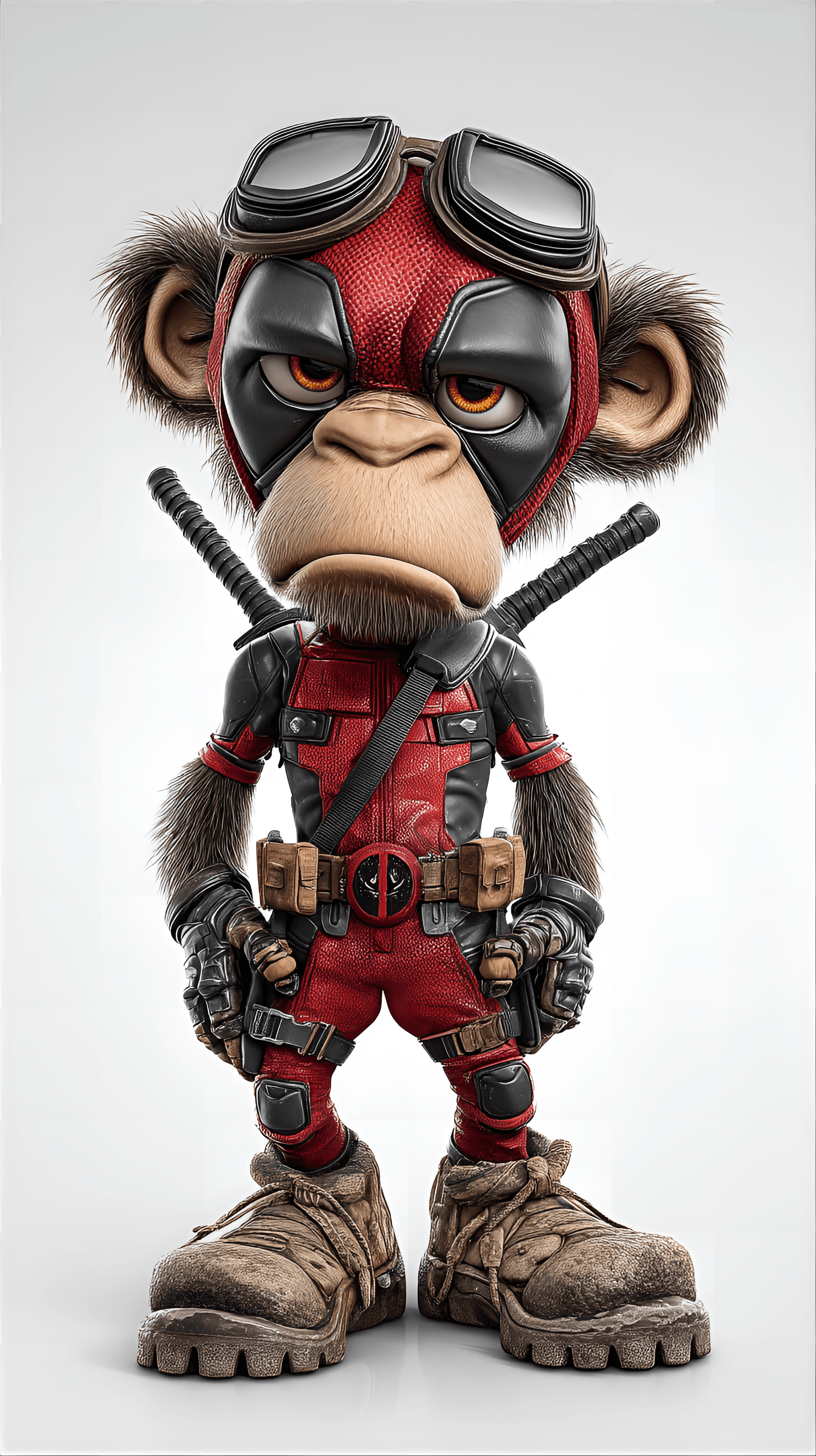 AI generated: cartoonish chimpanzee character, center frame, dressed as Deadpool, stands facing the viewer. The ch...