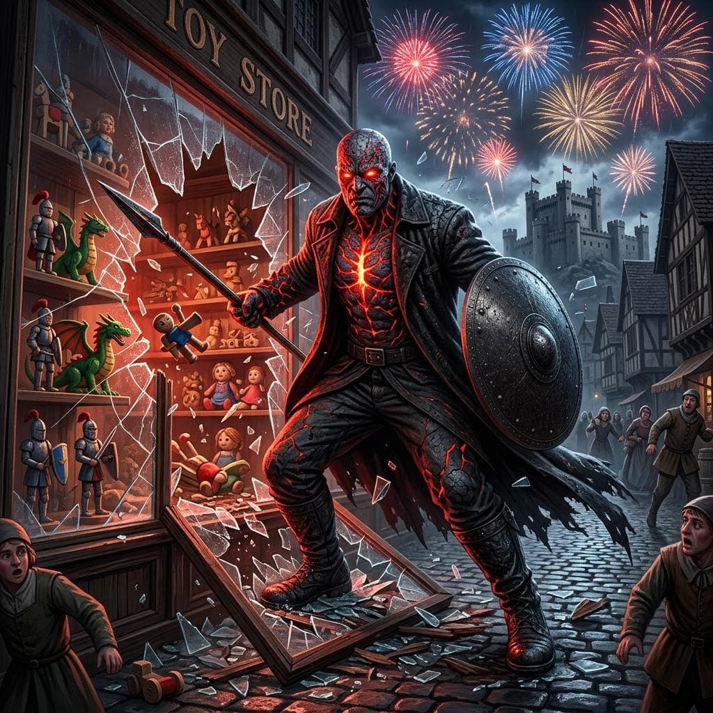 AI generated: a large golem male radiating a red glow busting into a medieval toy store through the front picture ...