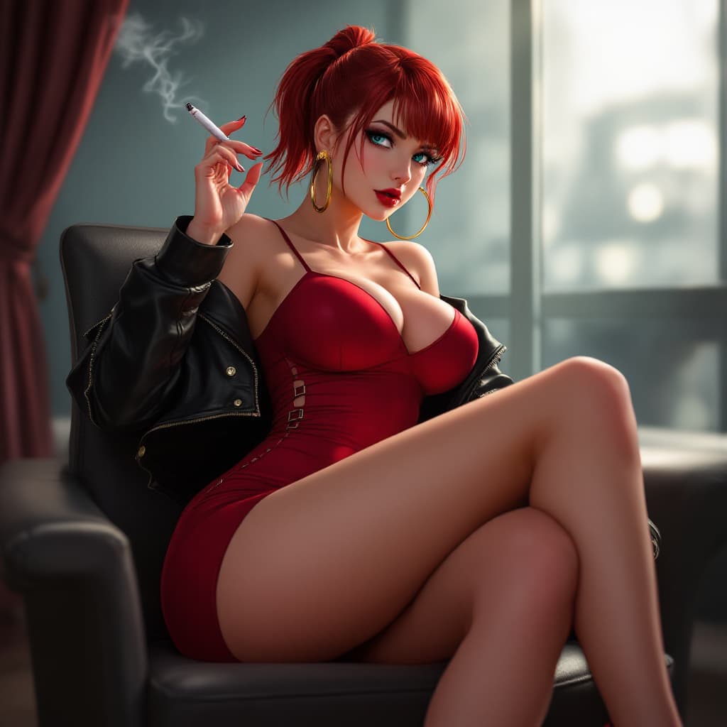 AI generated: anime, woman, red hair, short ponytail, cyan eyes, red lips, red bodycon dress, tight dress, red hig...