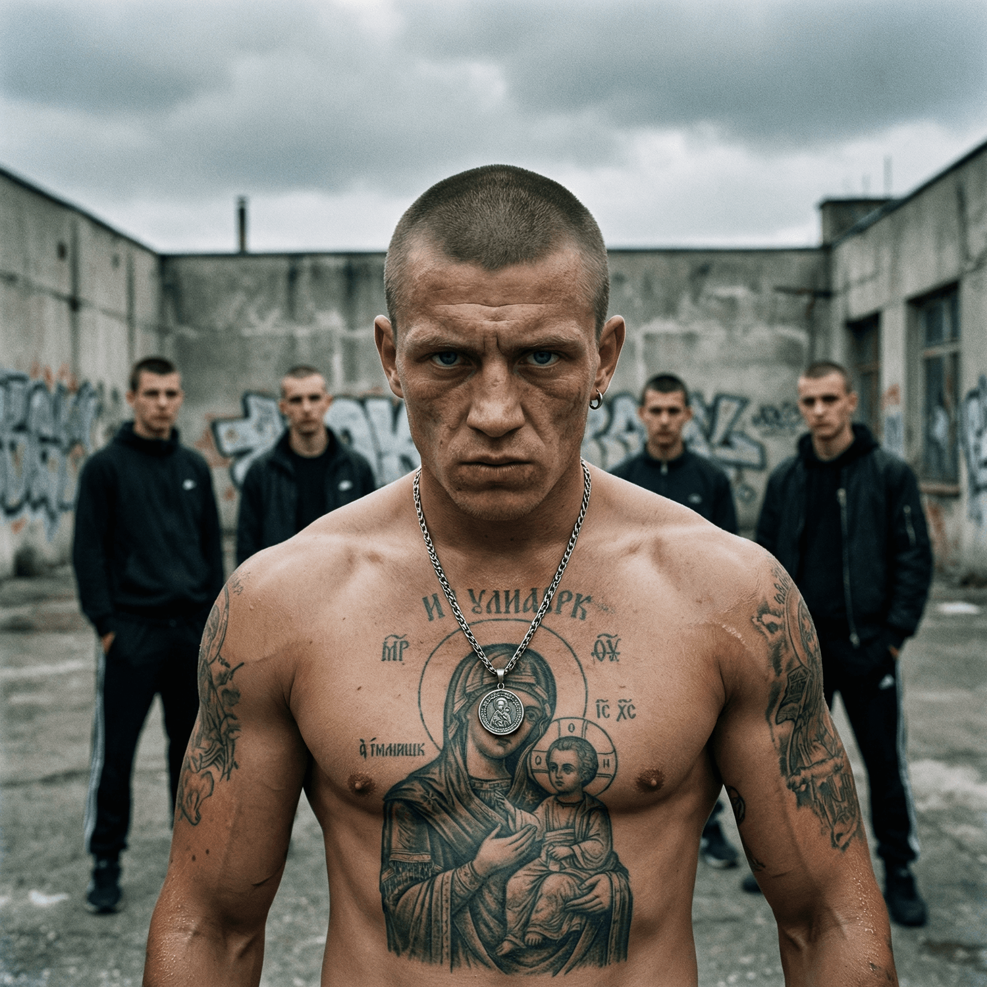 AI generated: Photorealistic portrait of a tough, muscular young Eastern European man in his early 20s, extremely ...