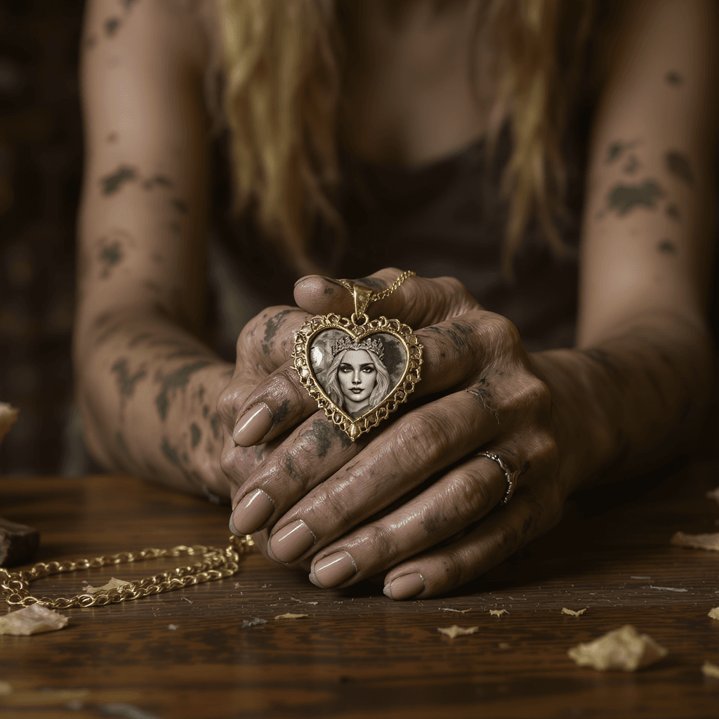 AI generated: Ultra-photorealistic 7/8 view of a 1024×1024 macro portrait of clasped decaying princess’s hands eme...