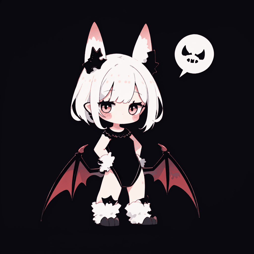 AI generated: best quality,monsterification,decadent,
(solo,chibi:1.2),cute,monster girl,bat girl,bat ears,bat wi...