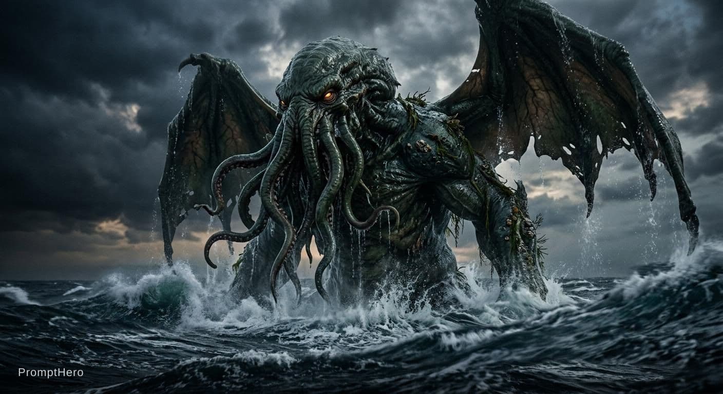 AI generated: Cthulhu rising out of the ocean, low angle, realistic