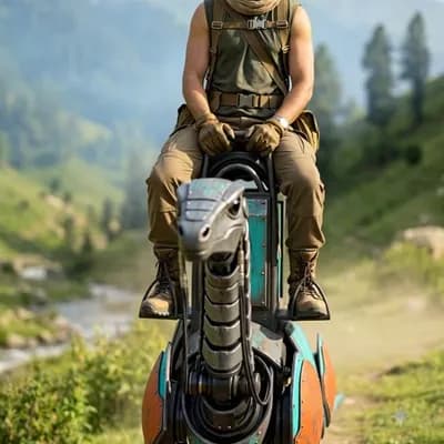 AI generated video: A lone desert scout riding a robotic reptile-like pack mount up a rocky slope under a wide open sky,...
