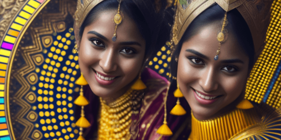 AI generated: A beautiful indian girl dancing inside a tv colour test pattern, dystopian house made of old televis...