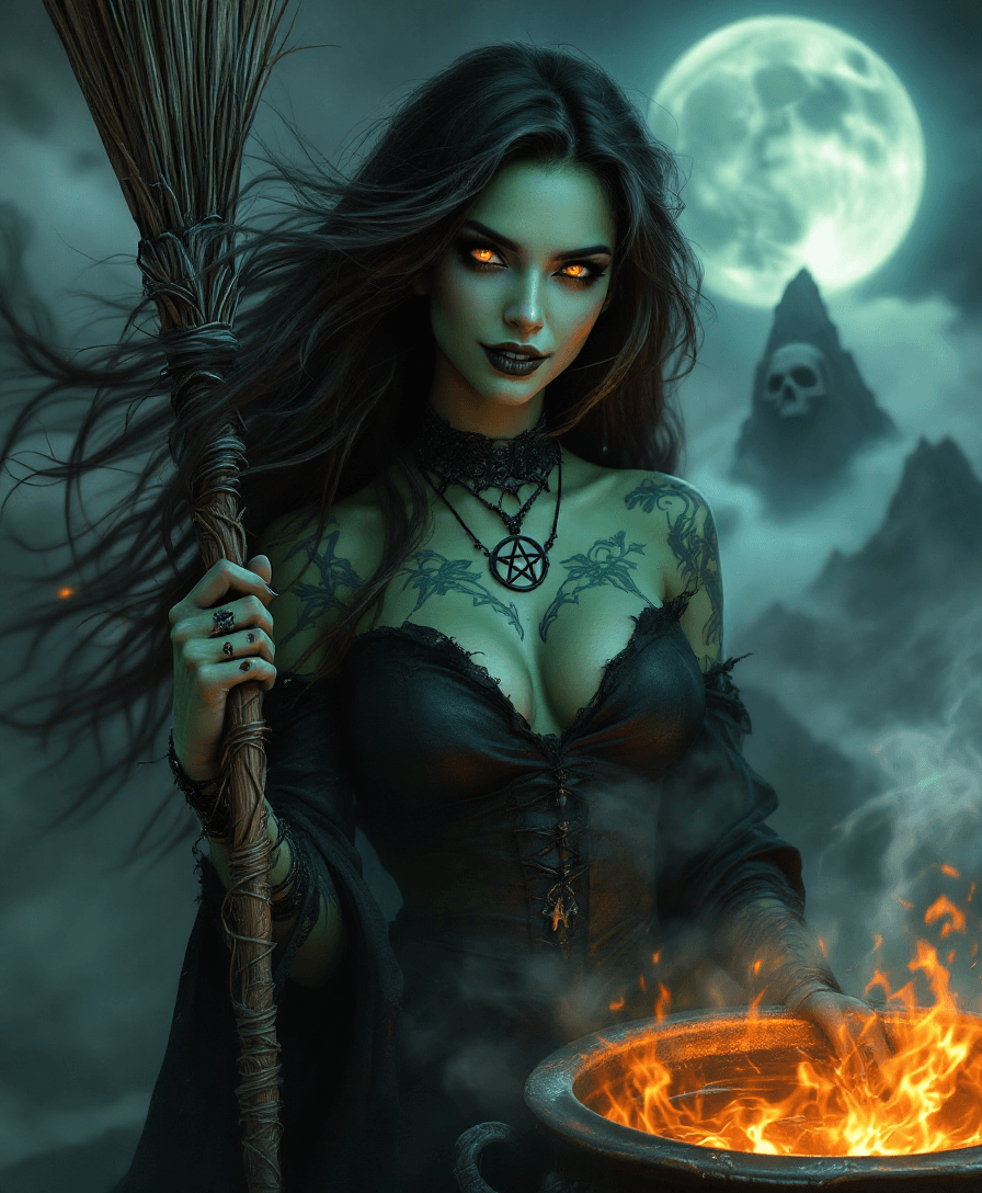 AI generated: A photorealistic, ((UHD)) studio quality portrait of a beautiful brunette witch with extremely long ...