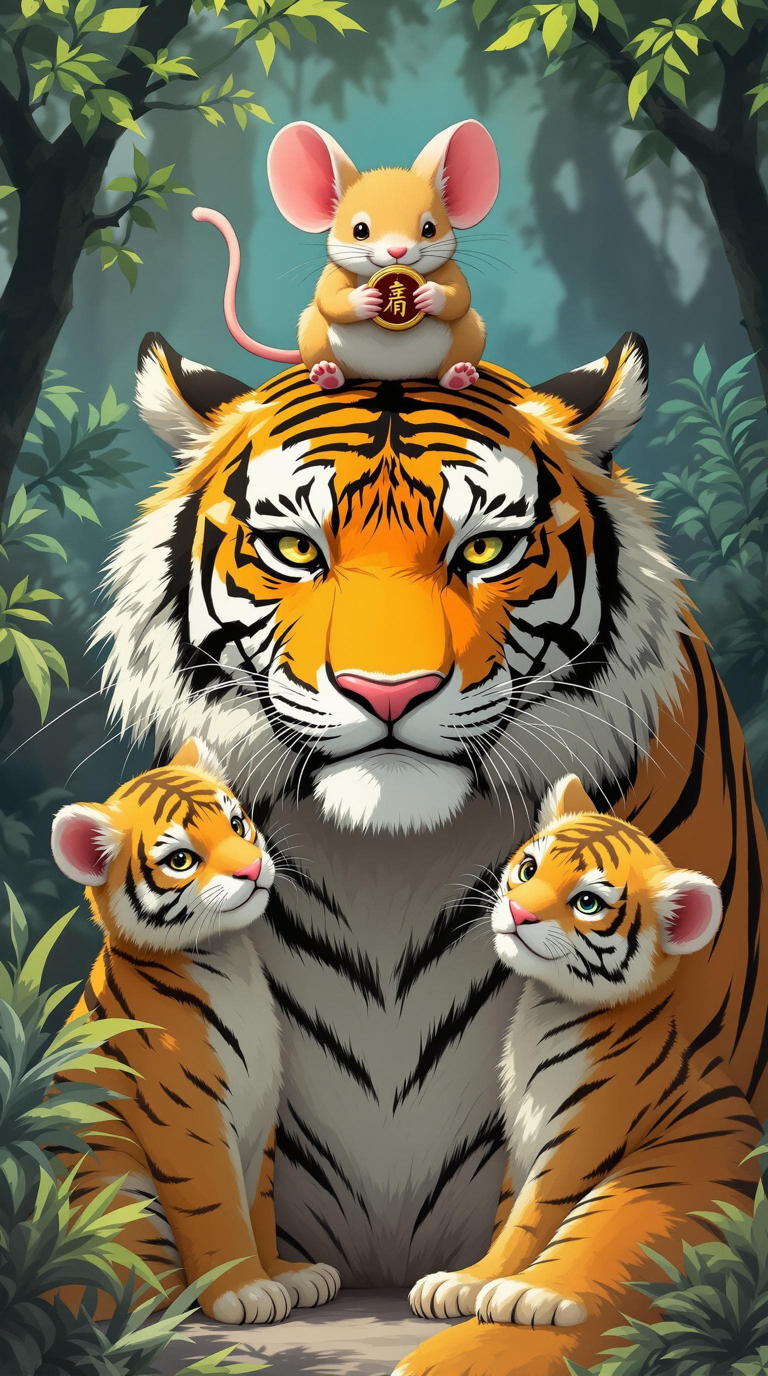 AI generated: a tiger and two tiger cubs, and a oversized mouse ,with a mouse on the tiger's head, the mouse holdi...