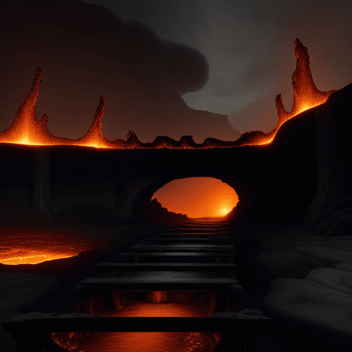 AI generated: a dimly lit dilapidated bridge over lava