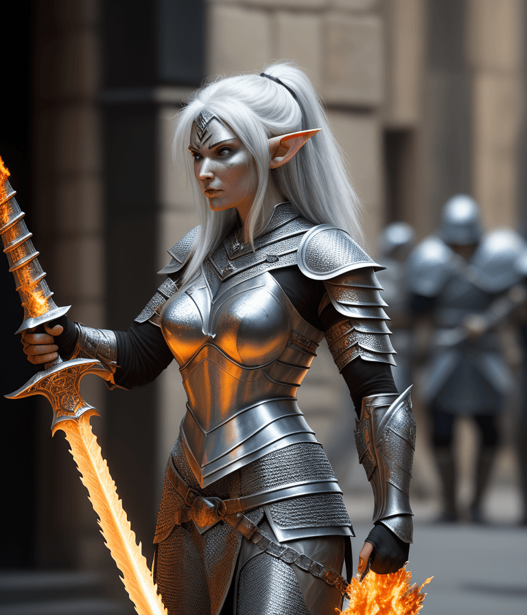 AI generated: Elf, warrior woman in chainmail armour weilding a flaming sword. She is a fierce warrior on the batt...