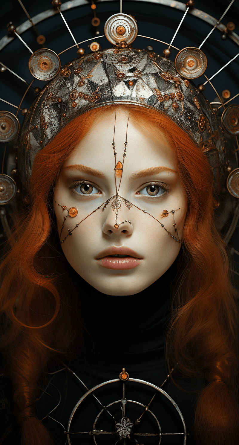 AI generated: a woman is posing with freckled circles on her face, in the style of franciszek starowieyski, light ...