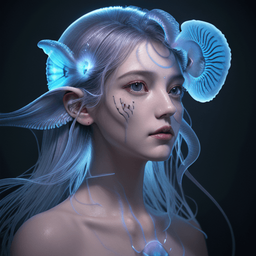 AI generated: Goddess close-up portrait ribcagel. jellyfish phoenix head, nautilus, orchid, skull, betta fish, bio...