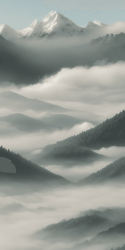 AI generated: Mountains with fog and small white flowers, graphic