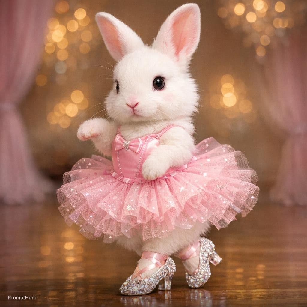 AI generated: A white rabbit with a pink dancing dress and crystal shoes