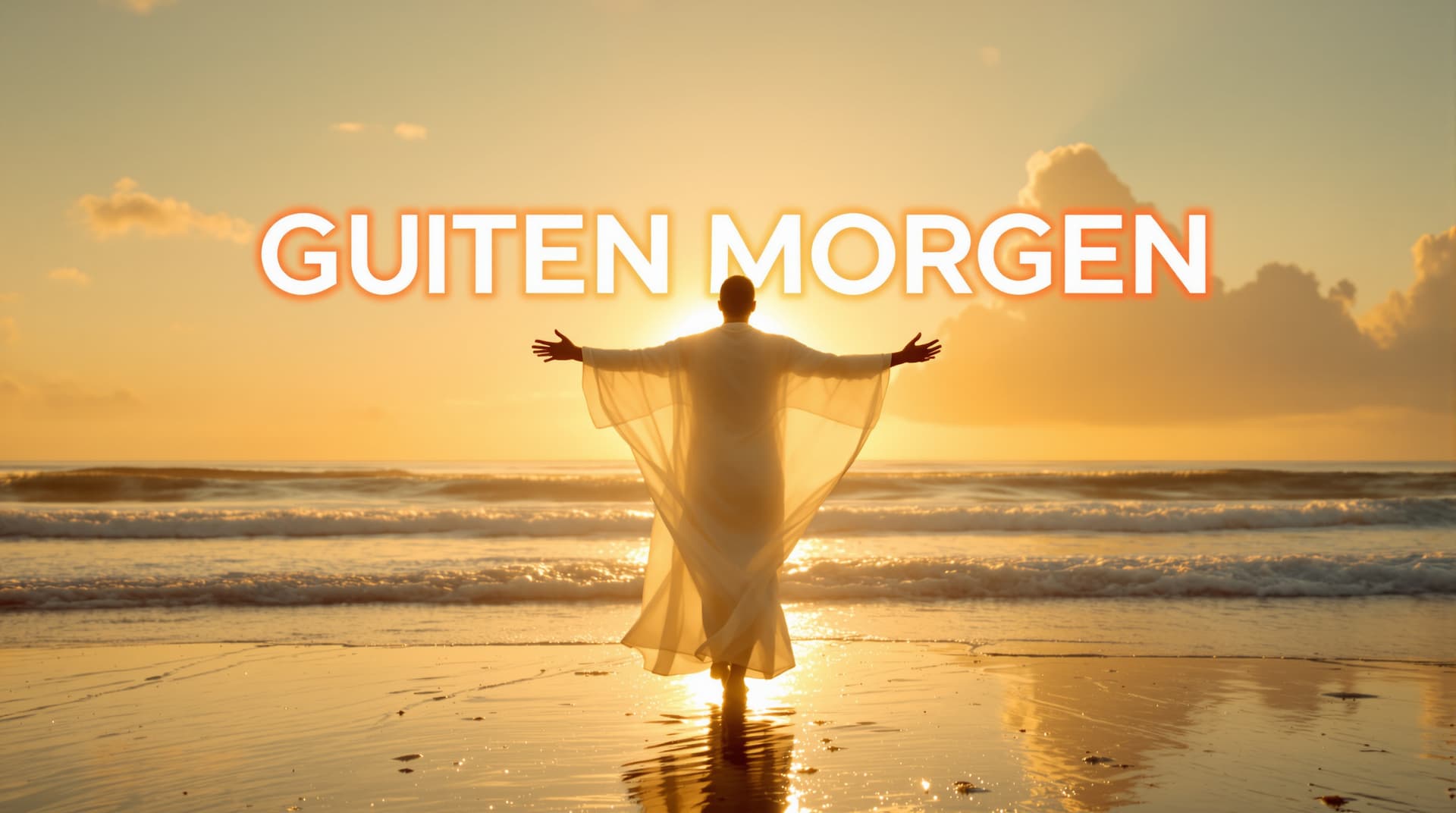 AI generated: YouTube thumbnail 16:9, photorealistic, cinematic. Wide beach at sunrise: golden sun just above the ...