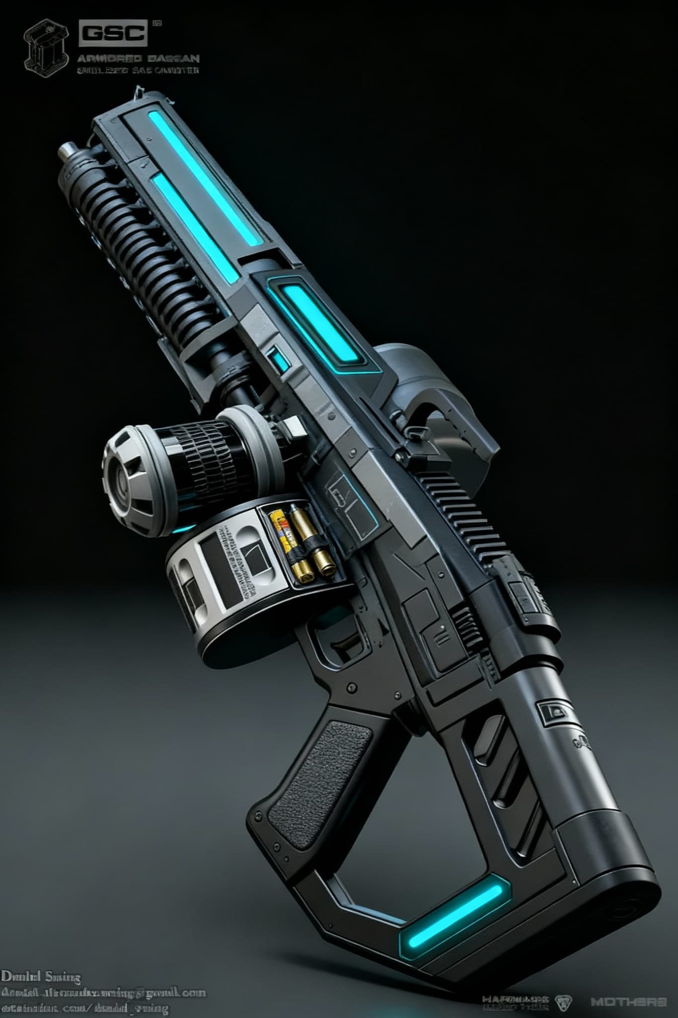 AI generated: Using the images as a reference, design and create a fictional, bulky barrel design alien space Hand...