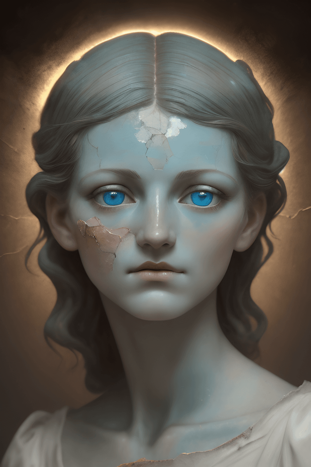 AI generated: a cracked fresco by michelangelo of a female face with light on it, macro lens photo, Victorian era ...
