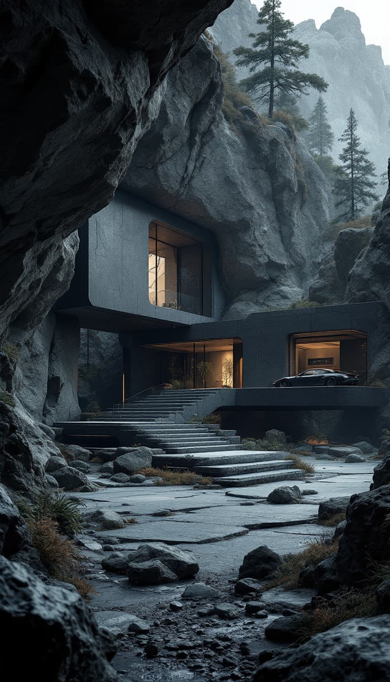 AI generated: the futuristic house in a rocky area with car, rock and house, in the style of dark gray and dark bl...