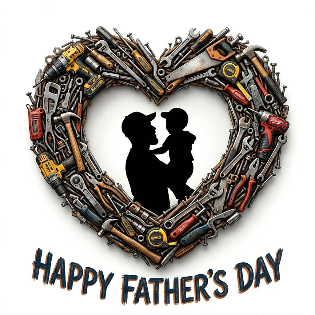 AI generated: 'Happy Father's Day' create heart wreath made of small power tools with an African American tiny fat...