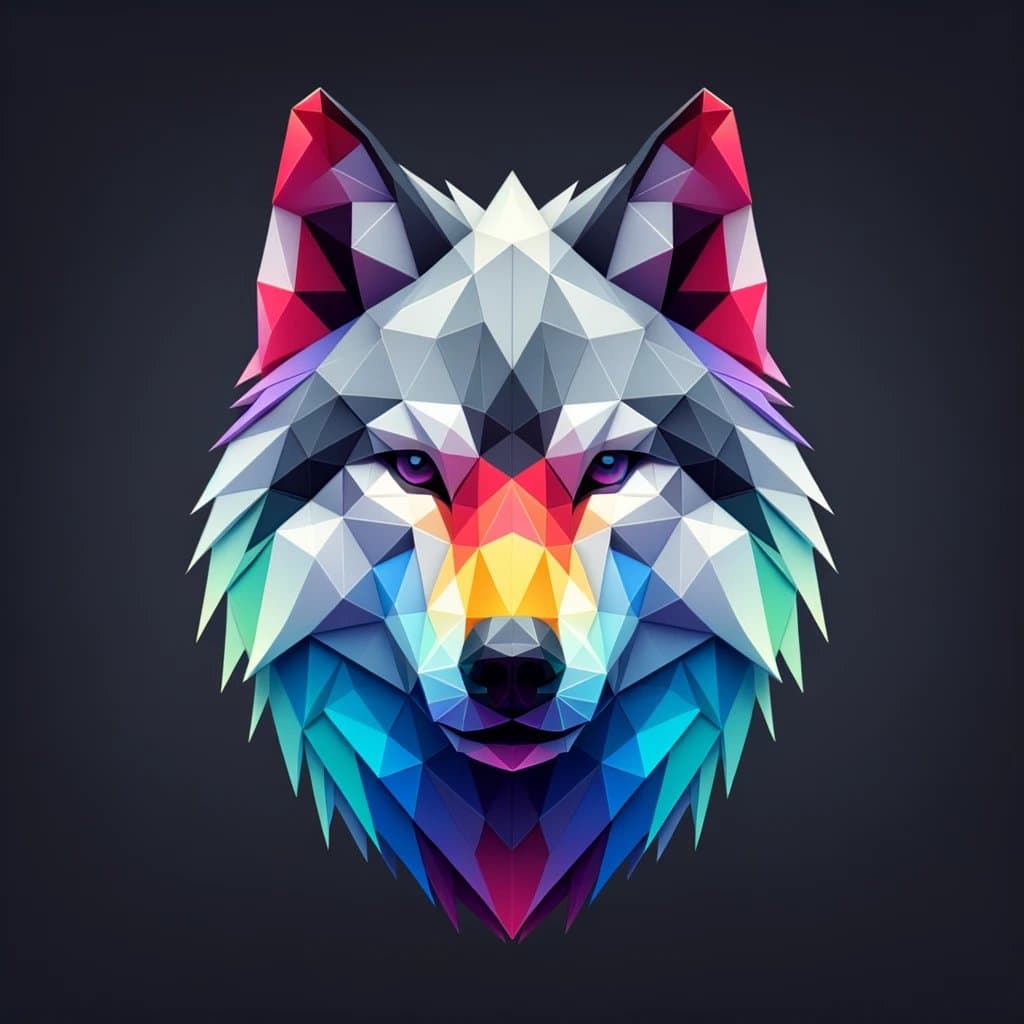 AI generated: A 3D low poly avatar of a wolf, rendered in a modern design and set against a plain black background...