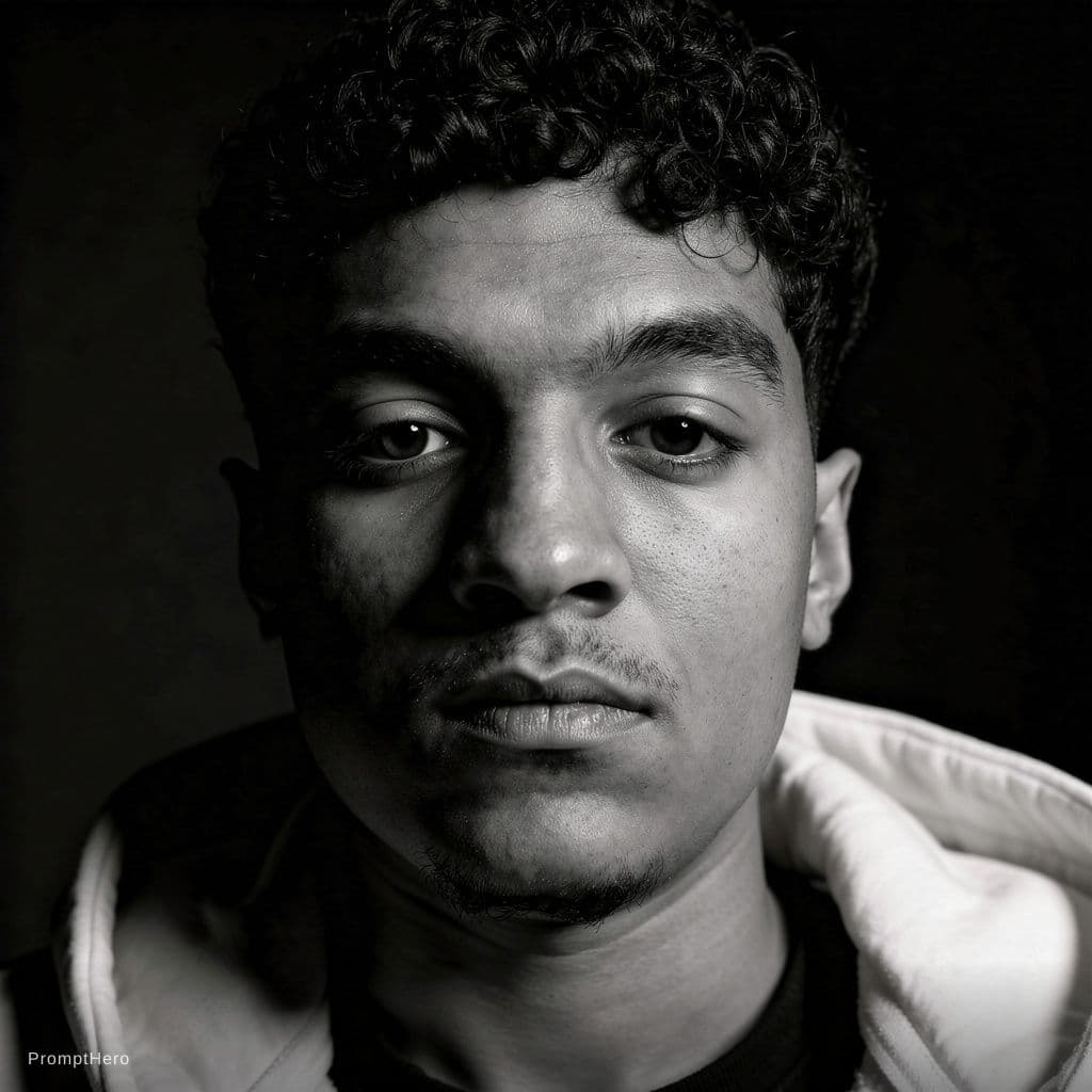 AI generated: High-definition black and white cinematic portrait of the SAME young man from the reference photo, e...