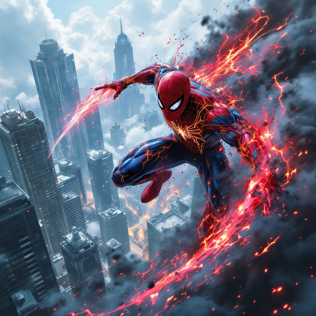 AI generated: A high ground angle shot, skyscrappers on low ground, Spiderman fighting at war, raging, character d...