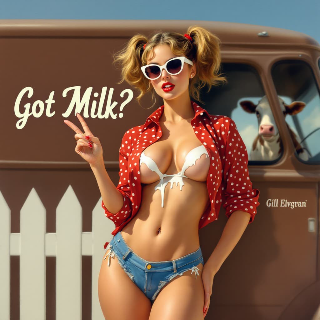 AI generated: A gill Elvgren pinup illustration, A beautiful busty woman in a red polka dot blouse and blue denim ...