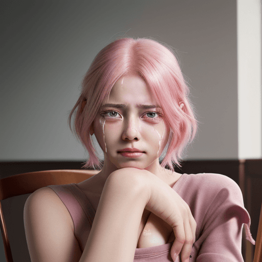 AI generated: Beautiful and attractive girl crying, with teary eyes, with pink hair, soft skin, sitting on a chair...