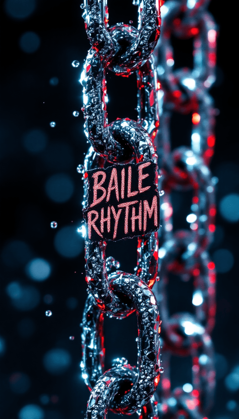AI generated: big diamond ice out cuba chain. On the Chain  is the text: BAILE RHYTHM" in a abstract red diamond f...