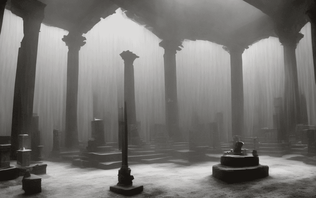 AI generated: Inside a dark pagan temple. Dust in the air creates light streaks. Mysterious statues next to an alt...