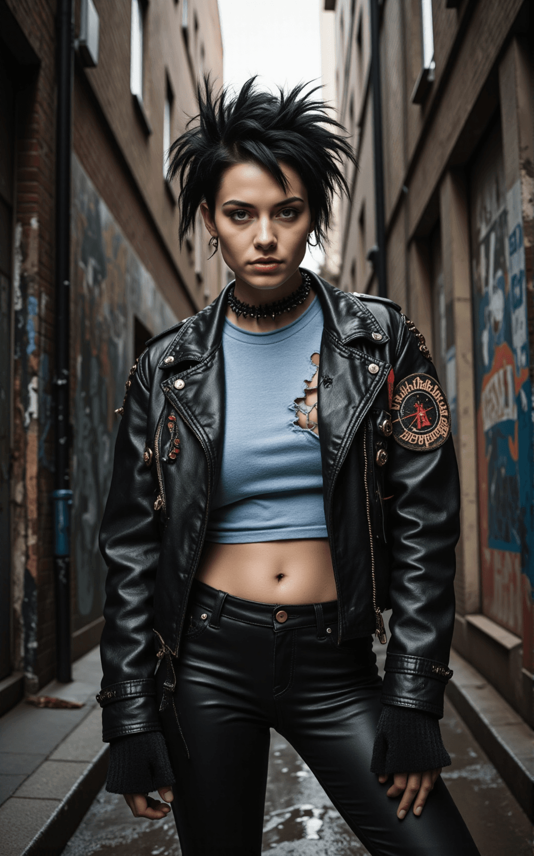 AI generated: A fierce punk rock rebel stands centered, her sharp jawline and athletic, sinewy build instantly rea...