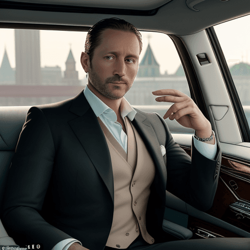 AI generated: (40 year old male:1.1), confident, classy, looking a little bit down into camera, (sitting in the ba...