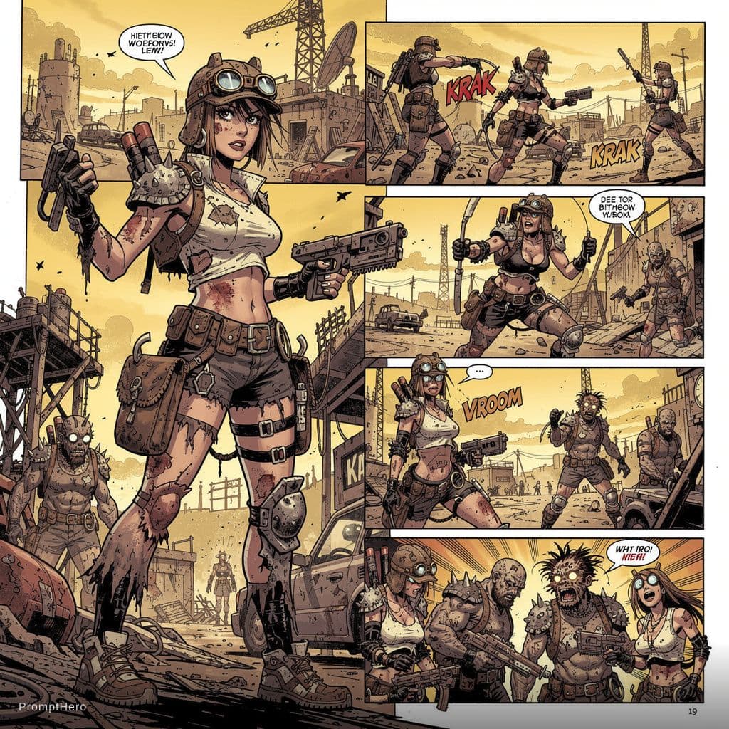AI generated: Full body shot 3/4 view, young beautiful European woman, holding a gun, random illustrations to fill...