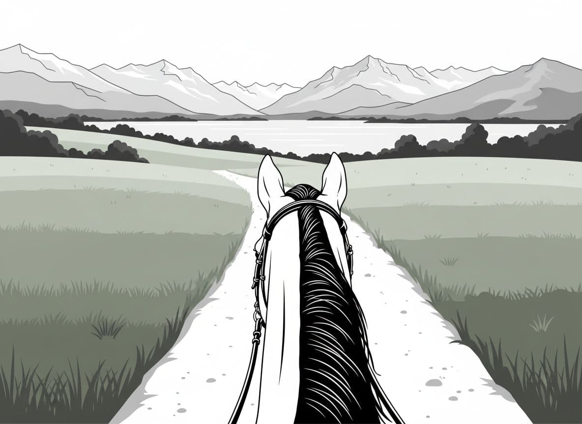 AI generated: tête de cheval bai avec son filet, crinière longue, sur un chemin avec montagne et lac en arrière pl...