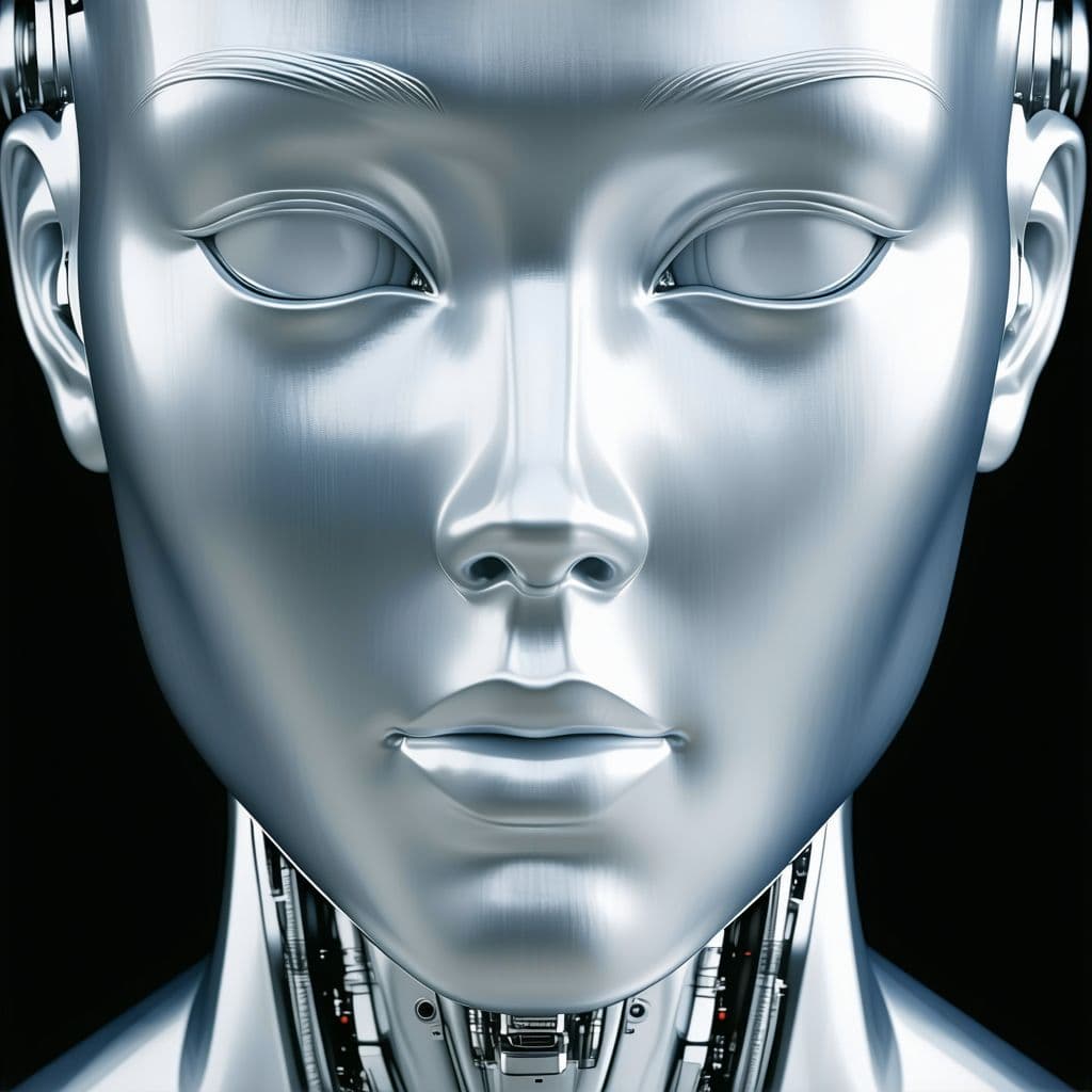 AI generated: MADONN perfectly balanced, symmetric, highly reflective, polished metal humanoid face, reflecting a ...