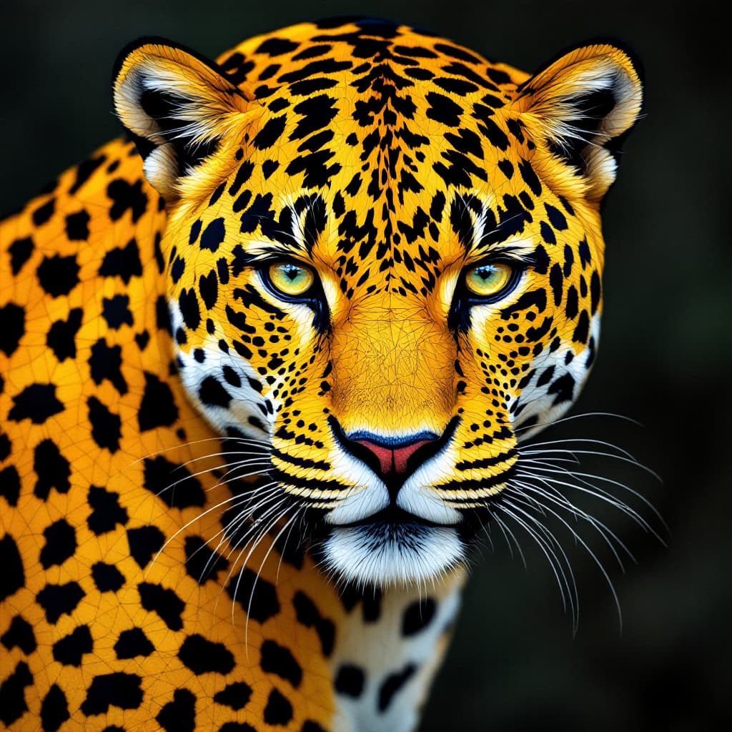 AI generated: jaguar rendered as a Geometric Wildlife Mosaic, combining intricate patterns and shapes to form a co...