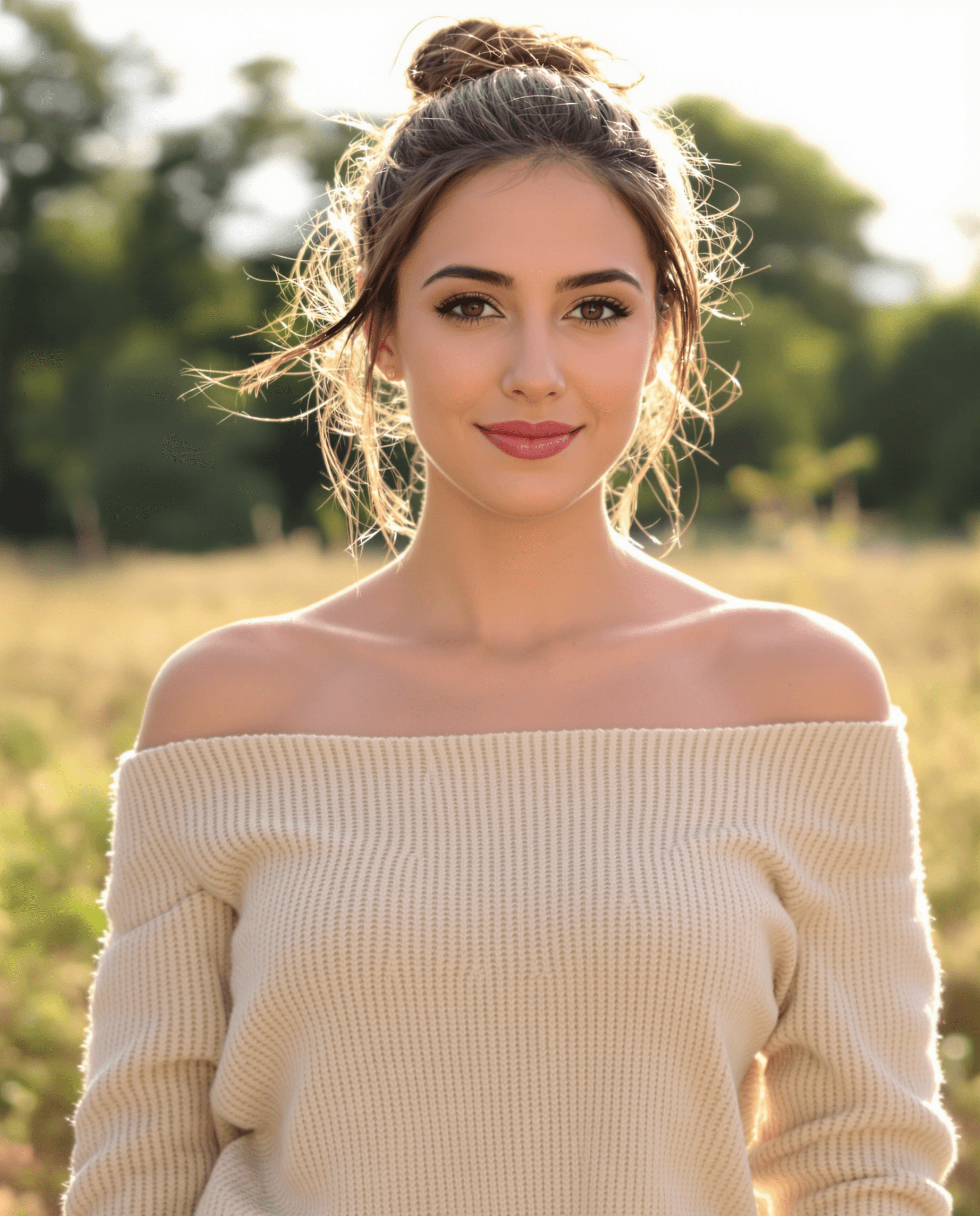 AI generated: Keeley hazell with an oval face, high cheekbones, a softly defined jawline, and a gentle closed-lip ...