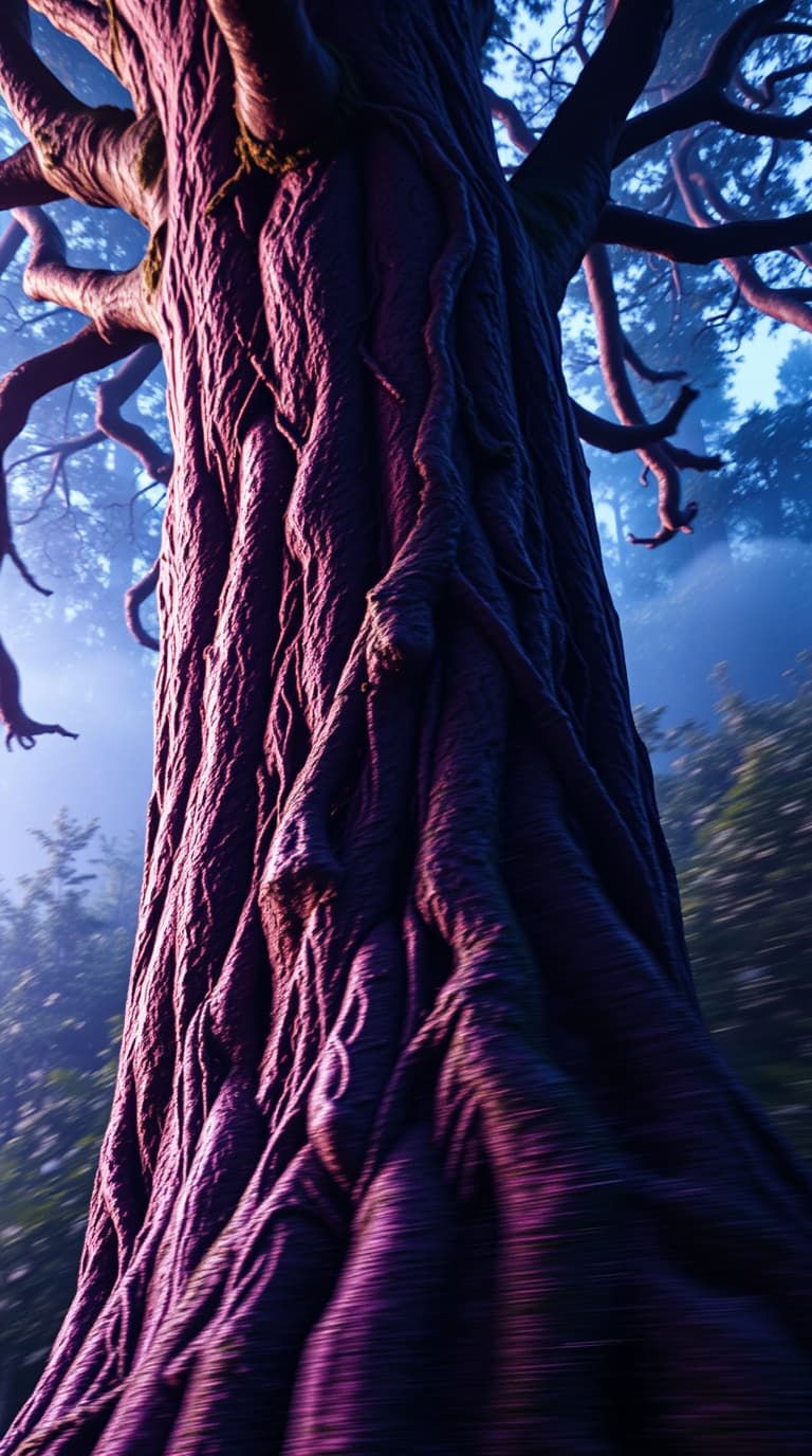 AI generated: A 9:16 aspect ratio cinematic image depicting Monte Roraima as Yggdrasil's trunk in dynamic motion. ...