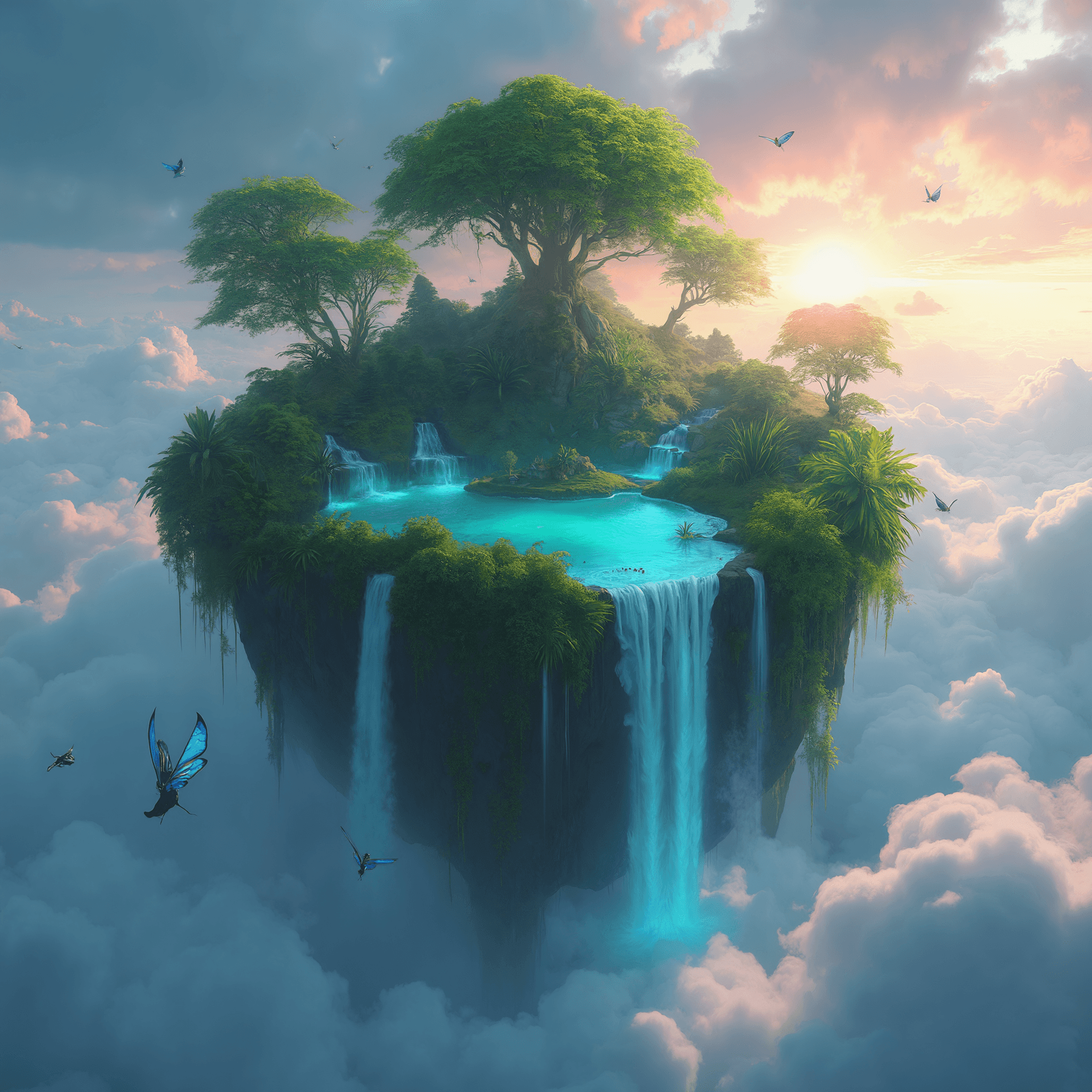 AI generated: A lush, vibrant island suspended high in the sky, surrounded by soft, glowing clouds. The island is ...