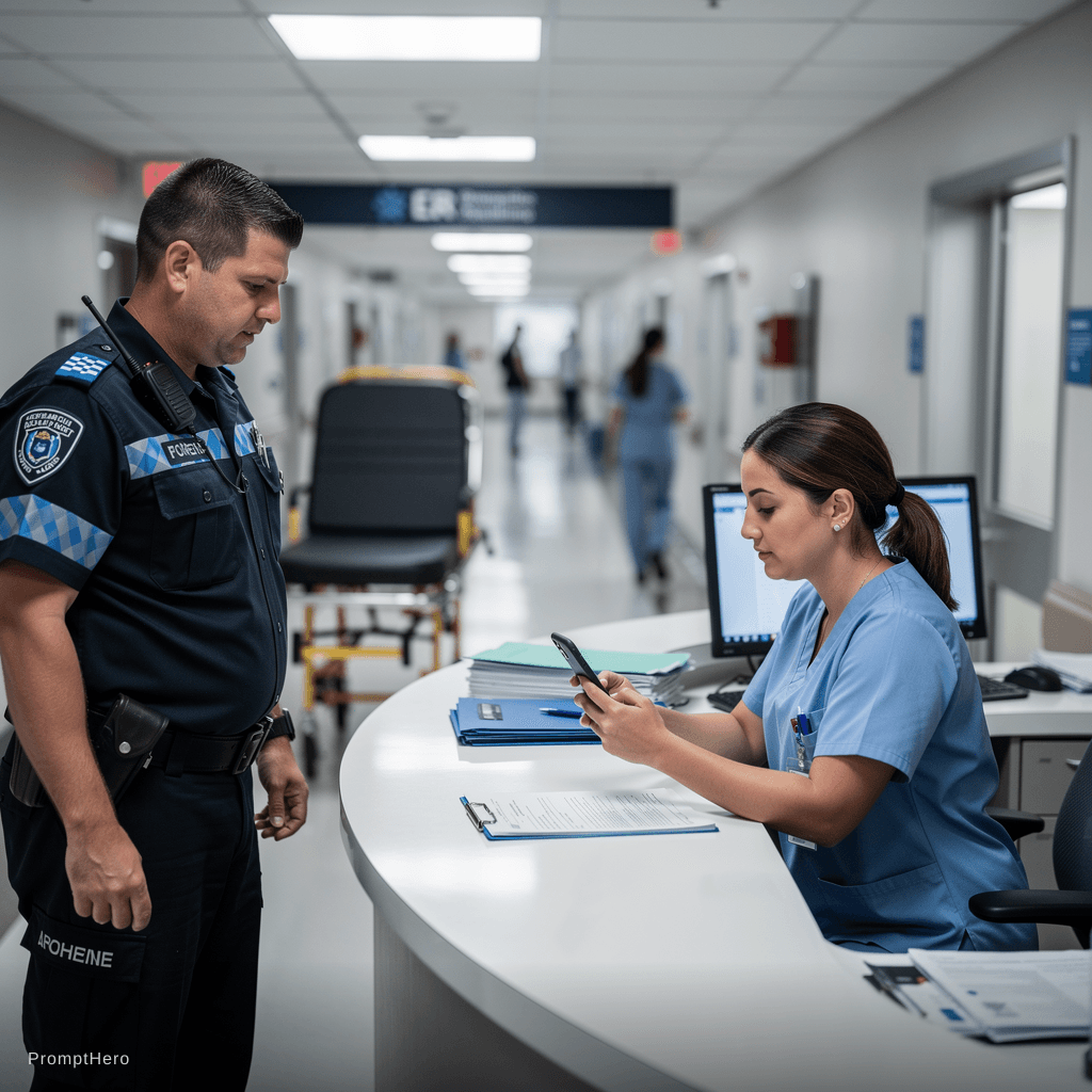 AI generated: a nurse sitting at the front desk of ER room and using a smartphone of the paramedics to evaluate hi...