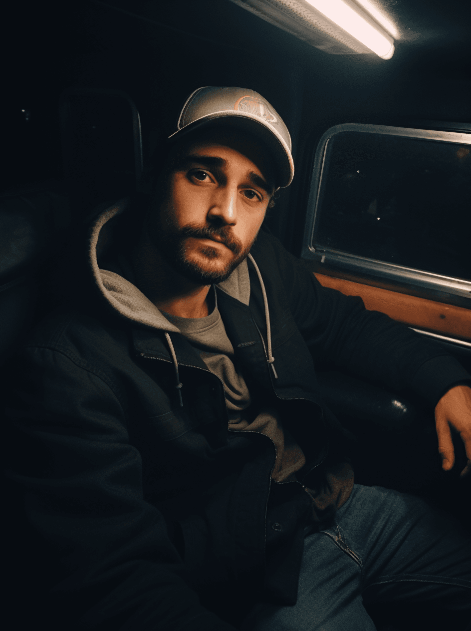 AI generated: A phone photo of Kussia, in the truck at night with his brown baseball cap on and wearing jeans jack...