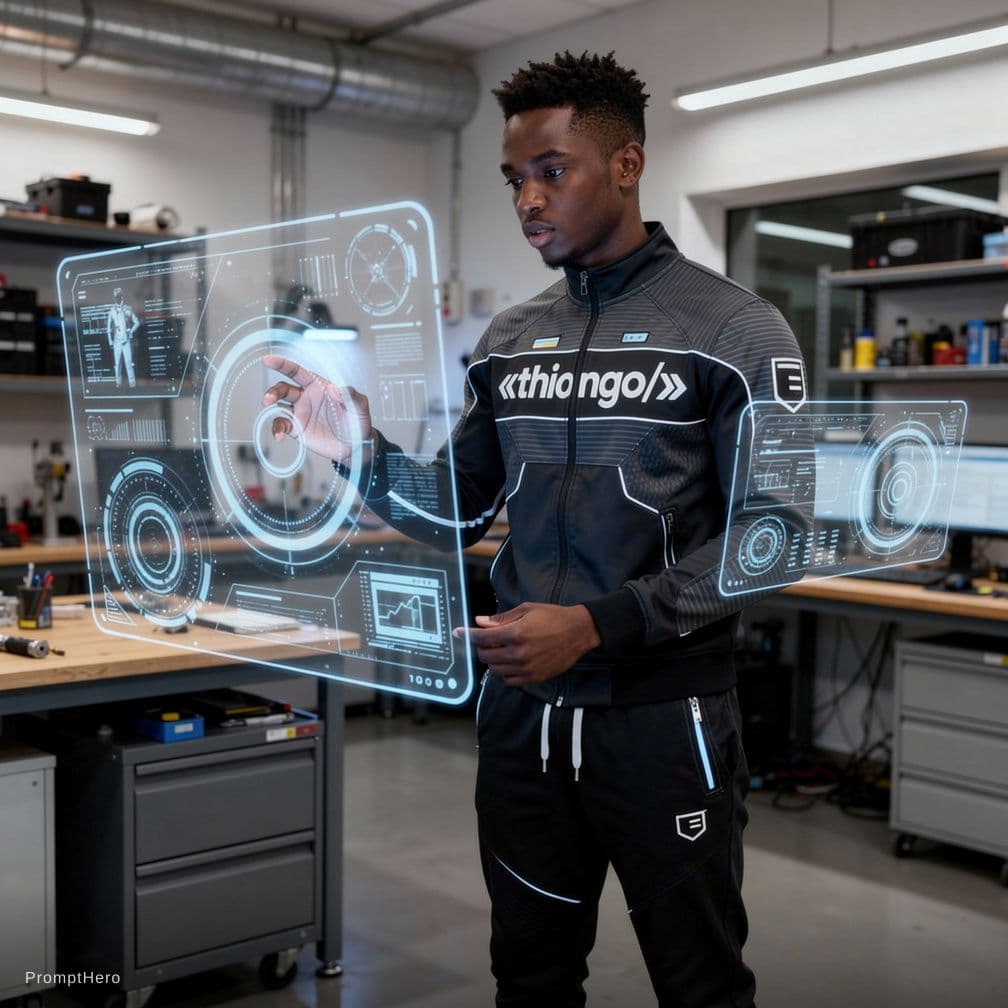 AI generated: Hyperrealistic Photography, A tech-savvy Afican young man dressed in a casual yet futuristic outfit ...