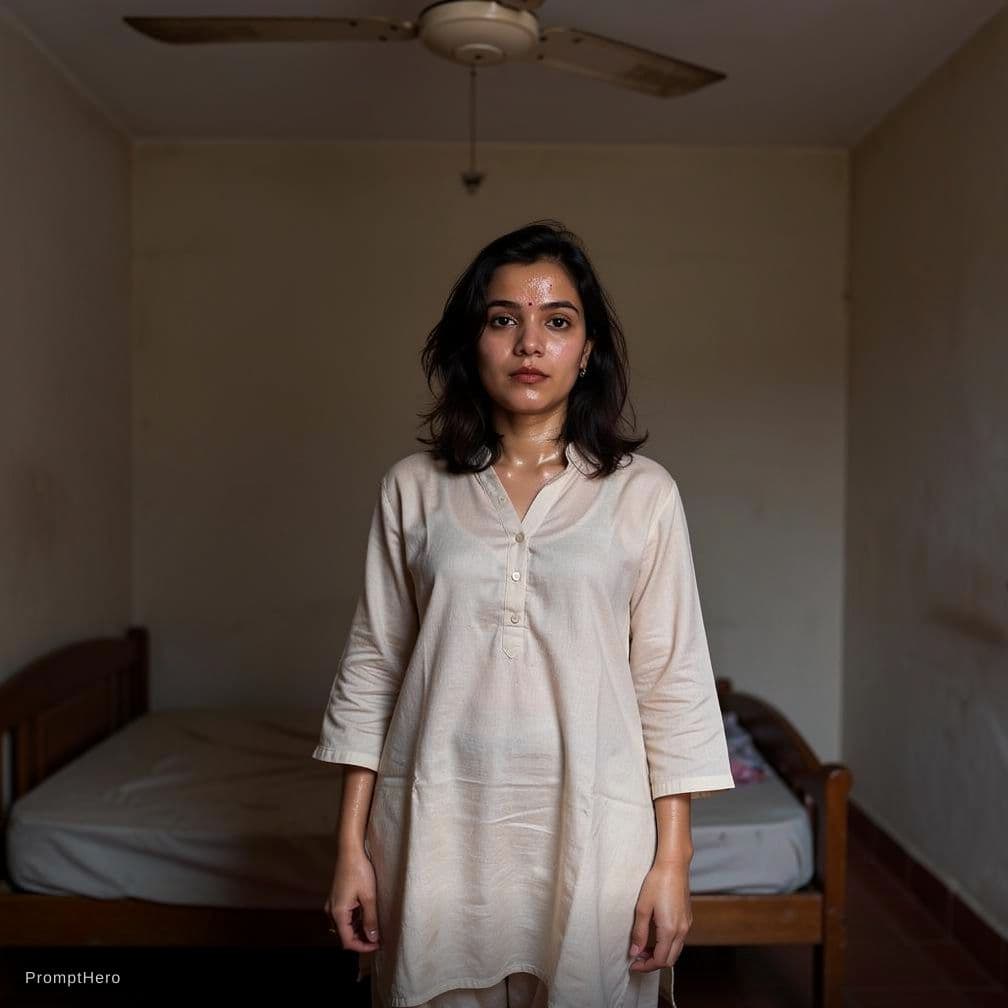 AI generated: A candid documentary style image captures a woman standing beneath a slow ceiling fan, heat hanging ...