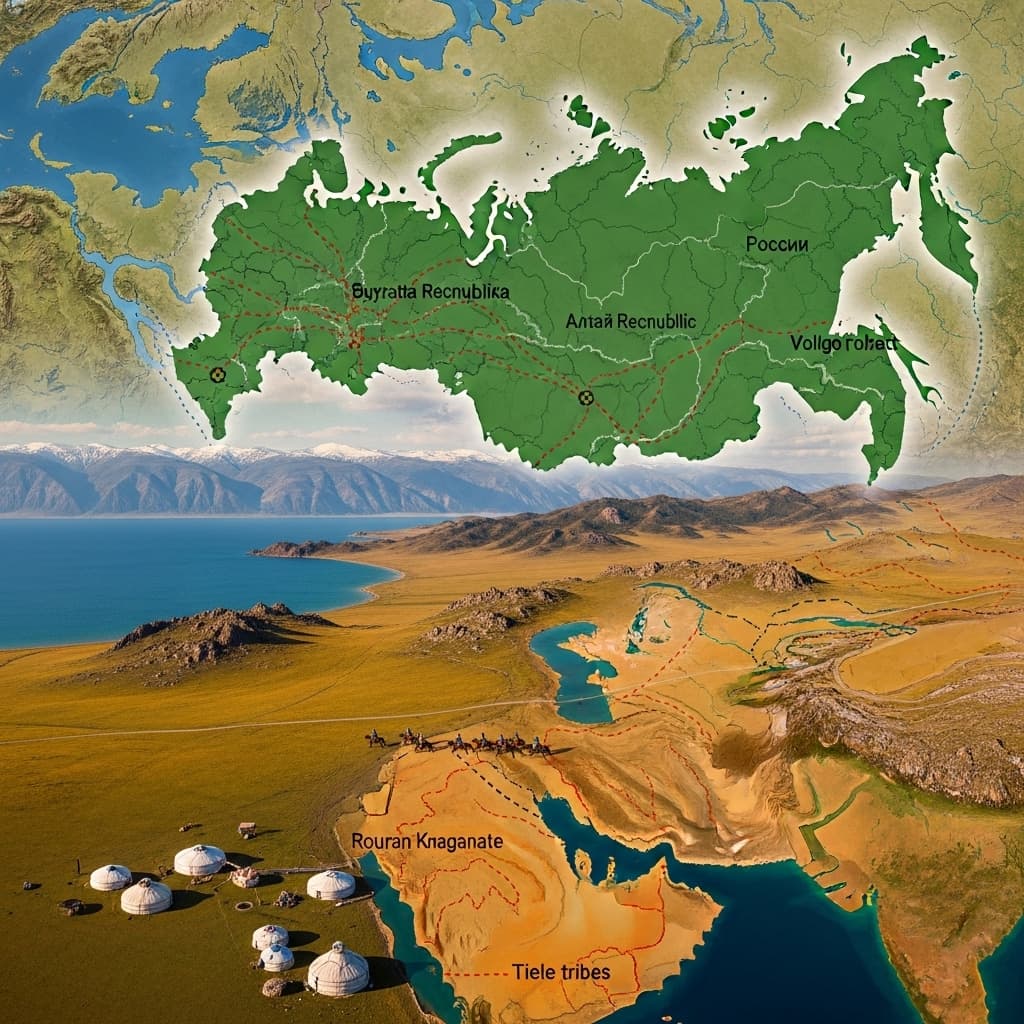 AI generated: Epic panoramic view of Eurasian steppes, historical map overlay:  
1. **地理要素**：  
   - Foreground:...