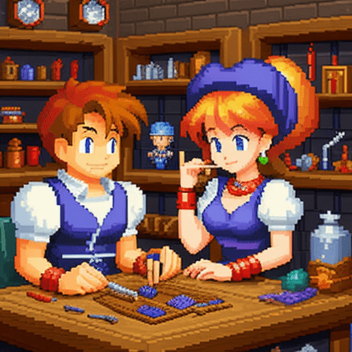 AI generated: man and woman working in secret jewerly workshop, style of snes 32 bits, clean pixel art  