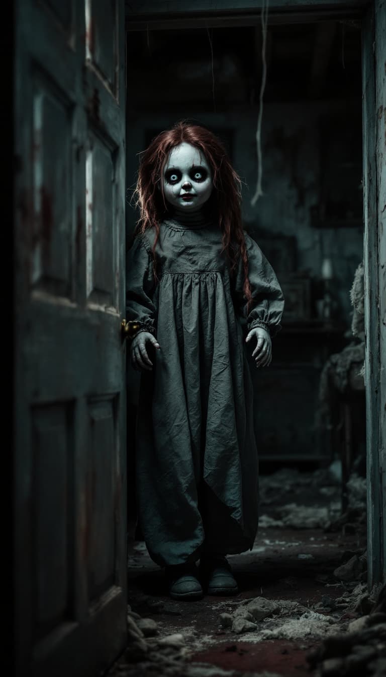 AI generated: realistic horror, creepy life-size doll lady, eerie attic background, dramatic shadows, dim lighting...