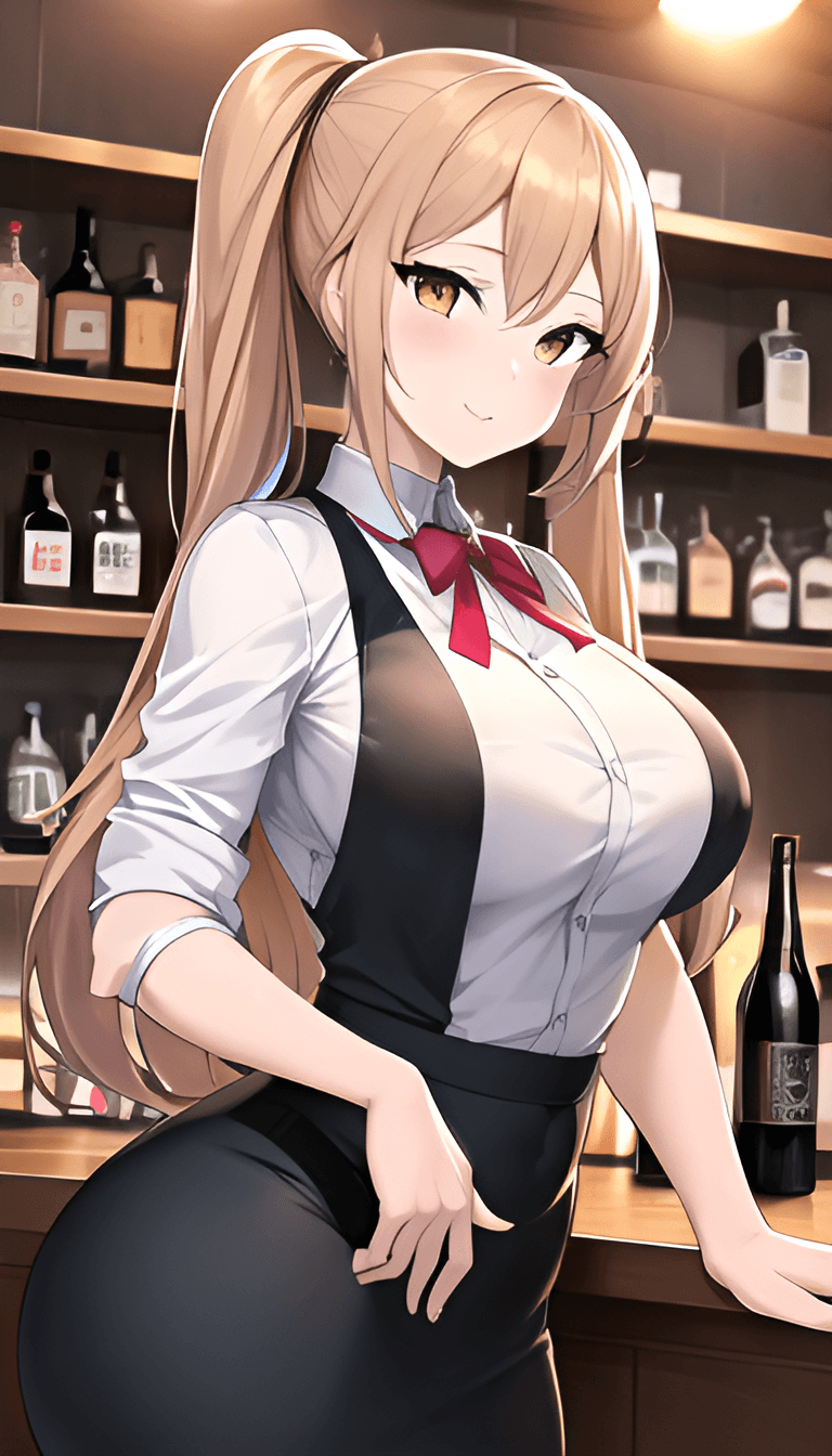 AI generated: An anime girl working as a bartender, bar, bartender outfit, 26 years old, bar, beer bottles in back...