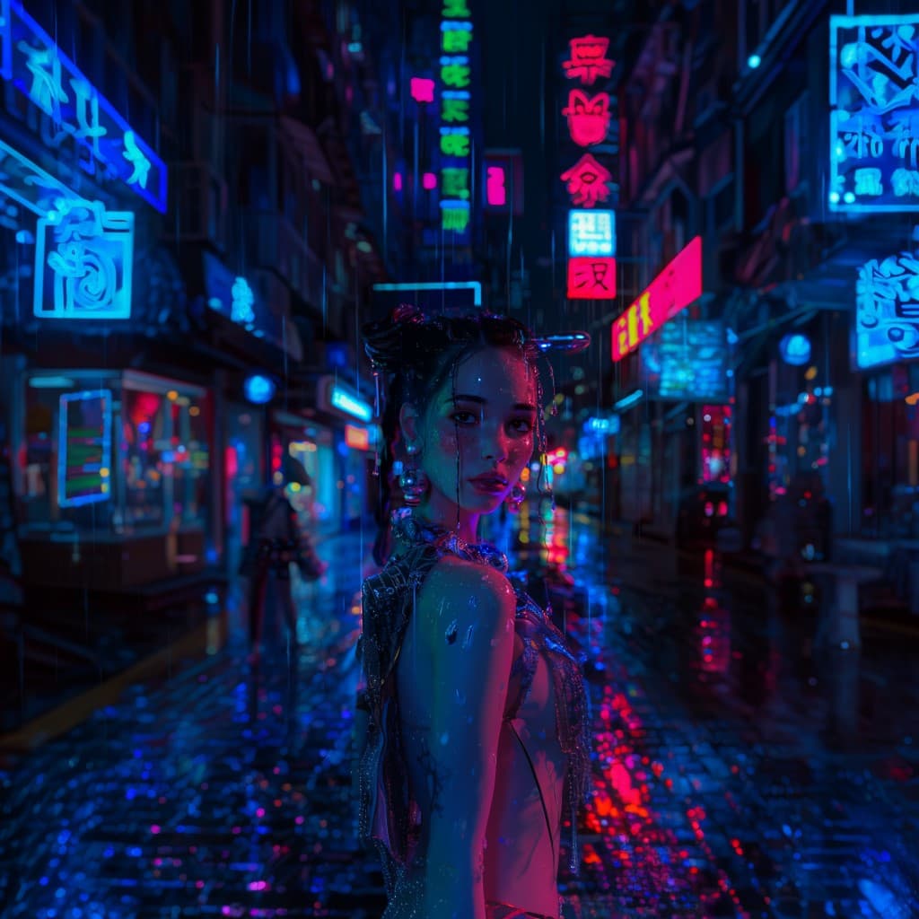 AI generated: girl with the pearl earring, wearing cyberpunk outfit, bulky high tech earring, looking at viewer, d...