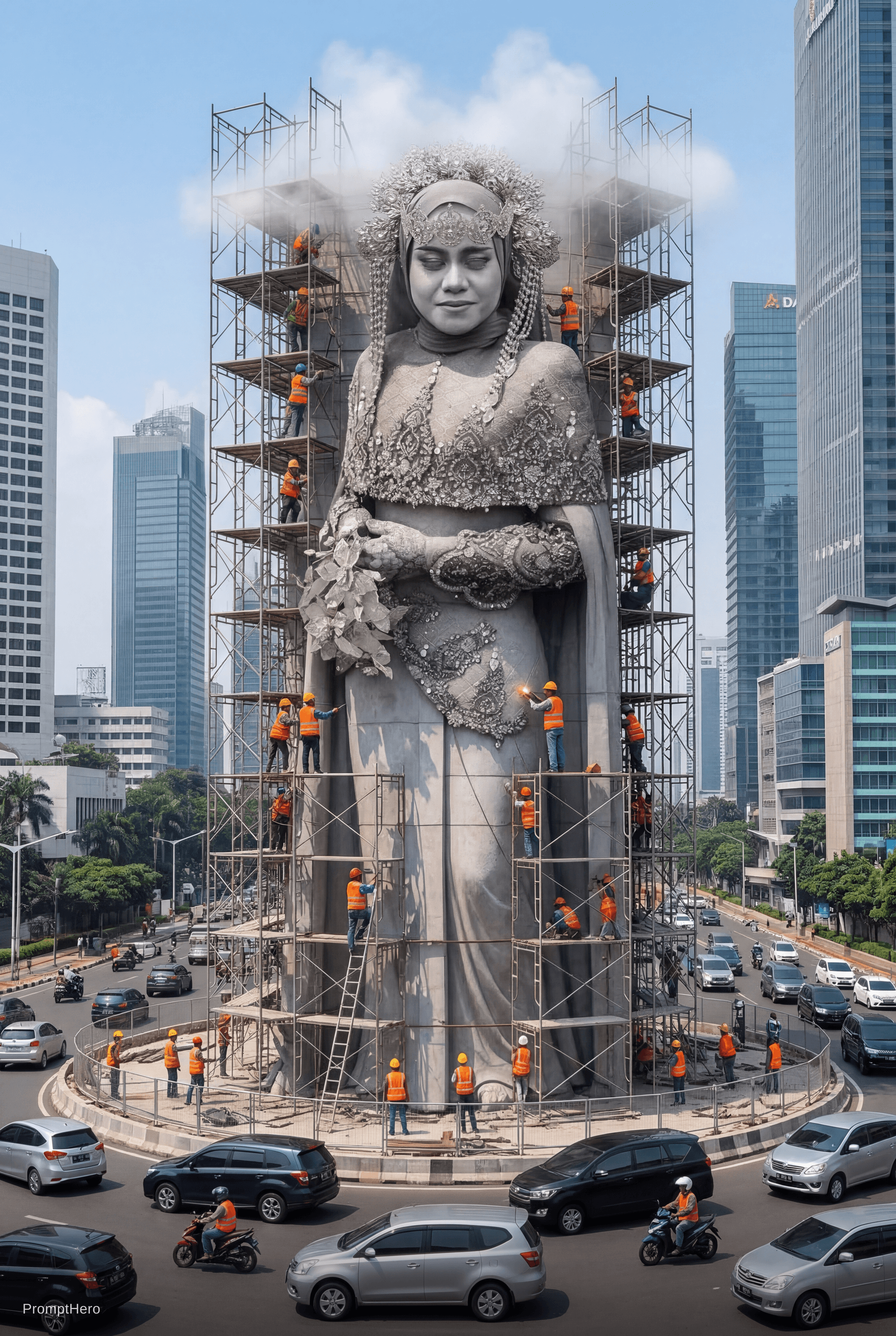 AI generated: An ultra-realistic, giant statue (based on the uploaded photo of the person) stands in the center of...