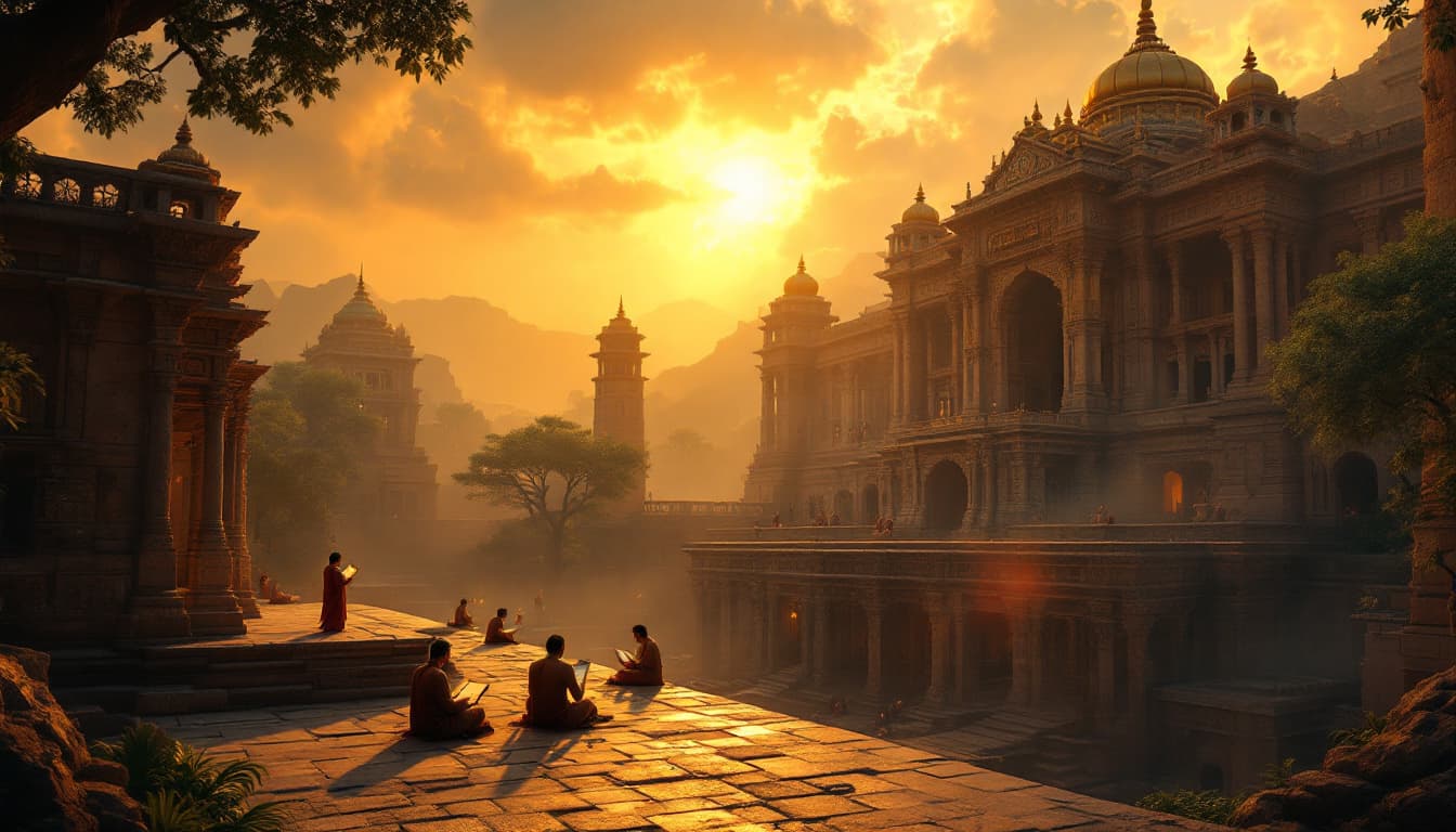AI generated: A breathtaking, cinematic digital artwork of Ancient India. The scene showcases the majestic Nalanda...